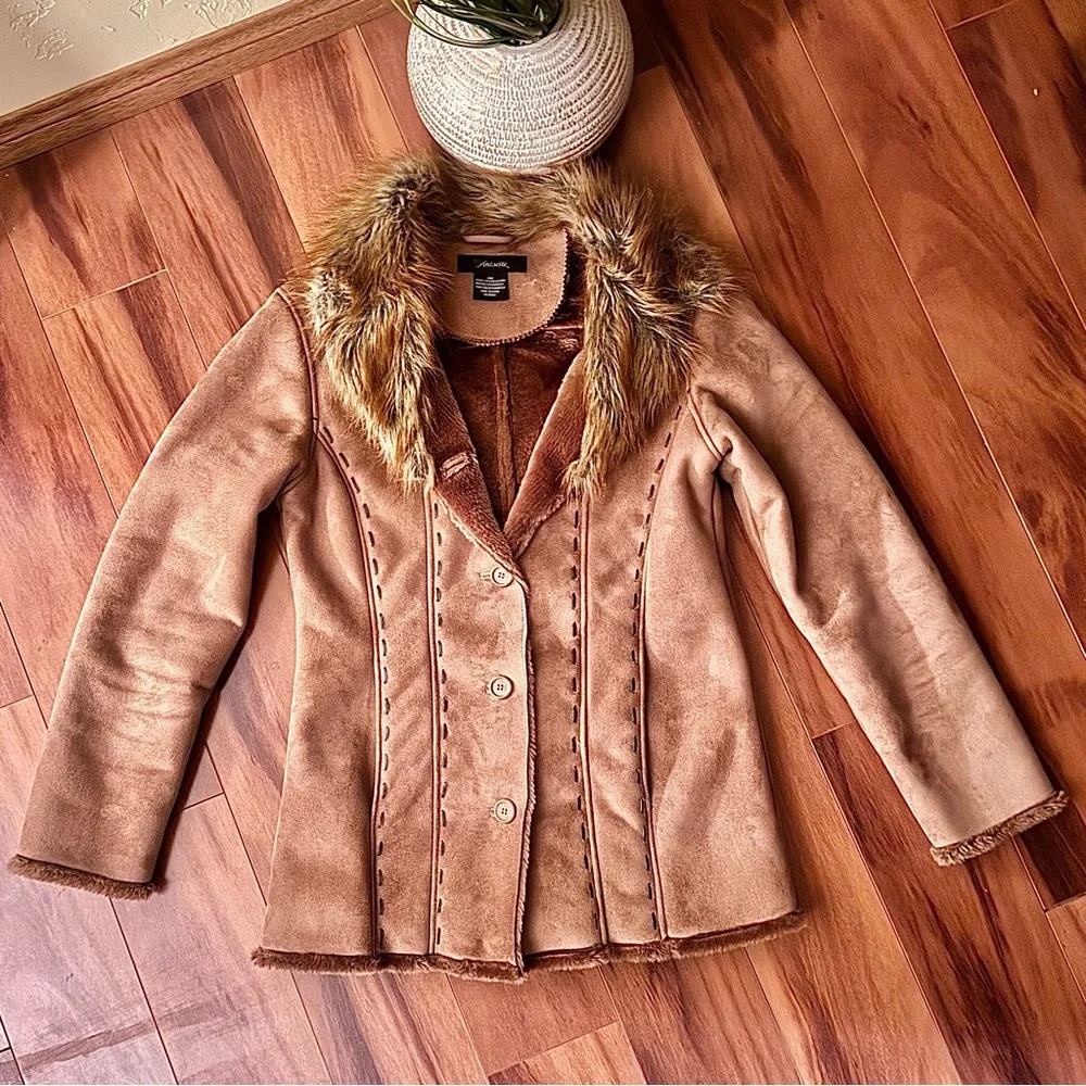 Anisette Women's Tan Suede with Faux Fur Collar & Faux Fur Lined Coat - Picture 4 of 6